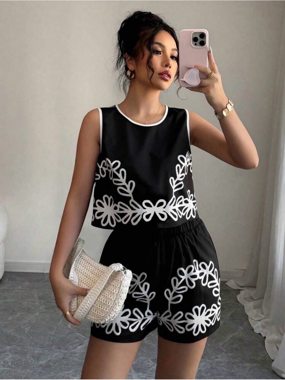 Sleeveless Black & White Floral Two-Piece Set